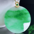 Perfect Natural Myanmar Icy Floating Green Jadeite Wu Shi Pai pendant 32mm in 18K gold.