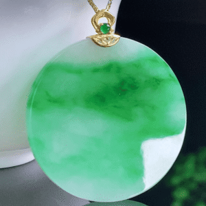 Perfect Natural Myanmar Icy Floating Green Jadeite Wu Shi Pai pendant 32mm in 18K gold.