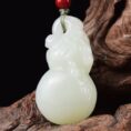 Perfect Natural Hetian Jade Fu Lu Shou Gourd pendant 41mm, 18K gold set.