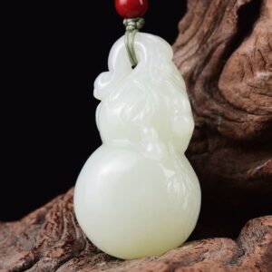 Perfect Natural Hetian Jade Fu Lu Shou Gourd pendant 41mm, 18K gold set.