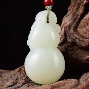 Perfect Natural Hetian Jade Fu Lu Shou Gourd pendant 41mm, 18K gold set.