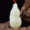 Perfect Natural Hetian Jade Fu Lu Shou Gourd pendant 41mm, 18K gold set.