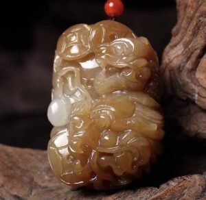 Natural Xinjiang Hetian Jade "Twin Dragons Playing with Pearl" Pendant | Masterfully Carved (52.3x35.2x24mm) #UPC:20021