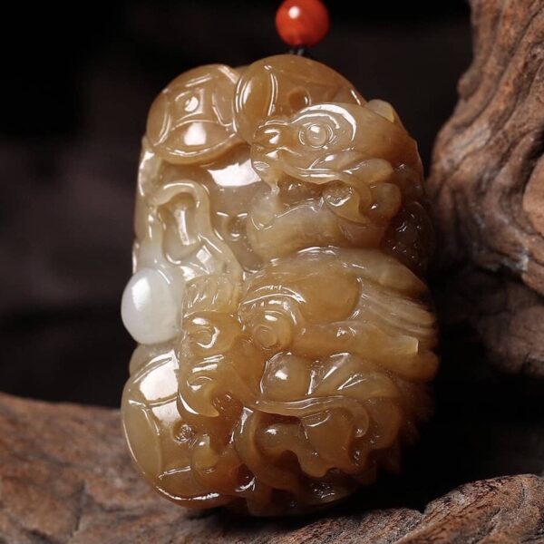 Natural Xinjiang Hetian Jade Twin Dragons Playing with Pearl Pendant Masterfully Carved (52.3x35 (1)
