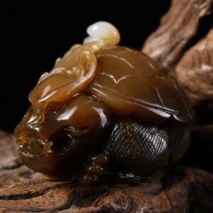 Perfect Natural Hetian Jade Dragon Turtle handpiece, 50mm, masterfully carved, showcasing sugar color (1)