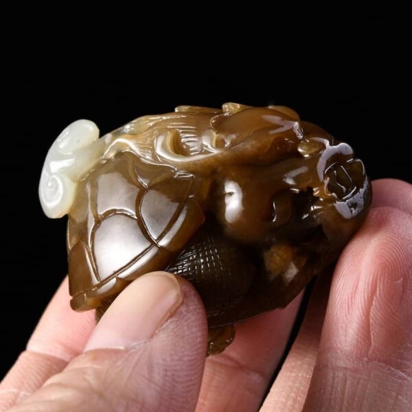 Close-up of exquisite Dragon Turtle carving on Hetian Jade handpiece, highlighting rich oily texture and vivid details.