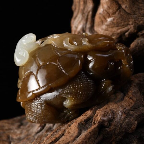 Close-up of exquisite Dragon Turtle carving on Hetian Jade handpiece, highlighting rich oily texture and vivid details.