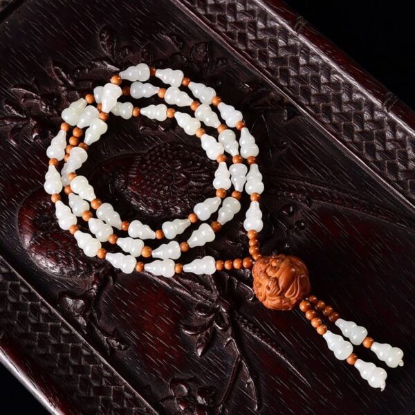 Perfect Natural Hetian Jade Mutton Fat Gourd Necklace & Multi-Wrap Bracelet (39g) (1)