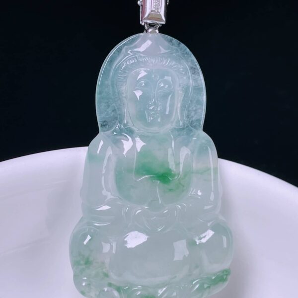 Perfect Natural Jadeite Guanyin Pendant, 43.7mm, showcasing old zhong quality and inner glow.