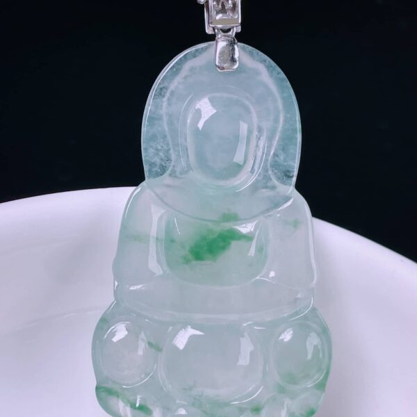 Perfect Natural Jadeite Guanyin Pendant, 43.7mm, showcasing old zhong quality and inner glow.
