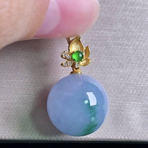 Perfect 18K Gold Lavender Floating Flower Jadeite Bead Pendant, 13.1mm, showcasing soft color and ethereal piao hua.