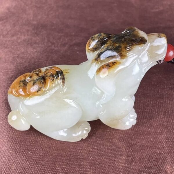 Perfect Natural Hetian Jade Zodiac Dog handpiece, 67mm, carved from Xinjiang seed material.