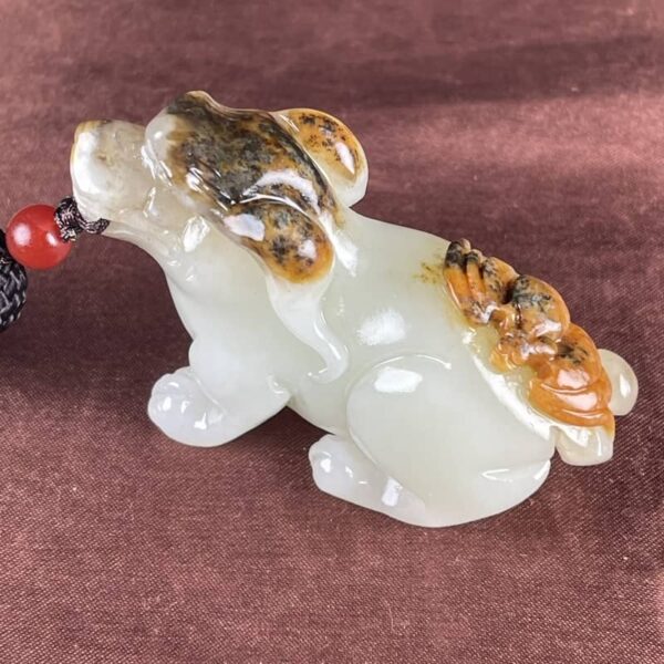 Perfect Natural Hetian Jade Zodiac Dog handpiece, 67mm, carved from Xinjiang seed material.