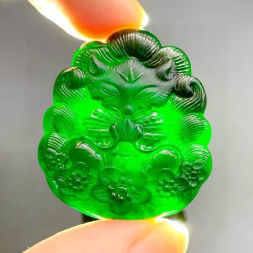 Perfect Natural Ink Jadeite Nine-Tailed Fox Pendant, showcasing its mysterious black color in normal light.