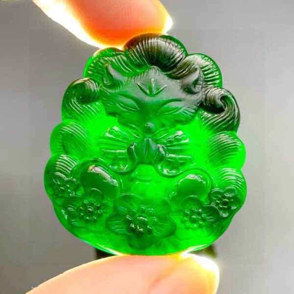 Perfect Natural Ink Jadeite Nine-Tailed Fox Pendant, showcasing its mysterious black color in normal light.